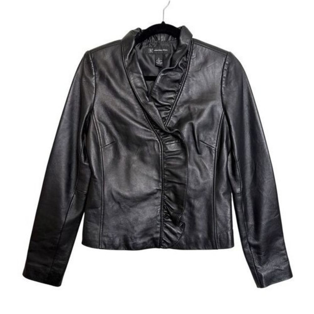 INC International Concepts Black‎ Leather Ruffle Jacket Women S Moto Chic - Picture 5 of 14